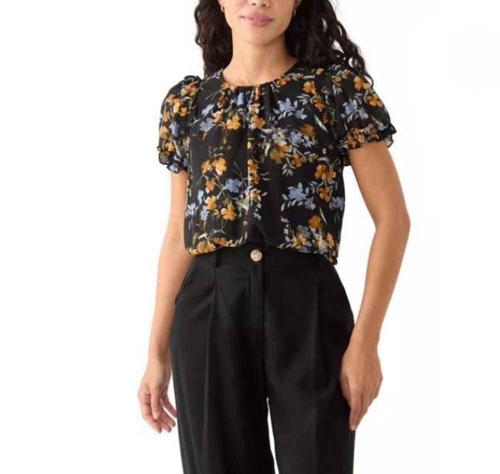 CeCe Women XL Petite Blouse Short Sleeve Ruffle Top Black Gray Yellow Excellent